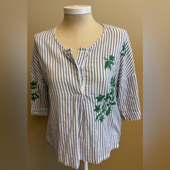 Nice Things Paloma S. White Blue French Striped Cotton Blouse women's Medium - Picture 2 of 12